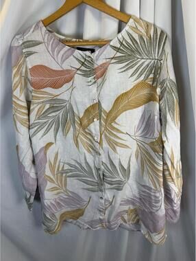 Tahari Tunic Top Women 1X Cream Floral 100% Linen Floral Button-Up Lightweight